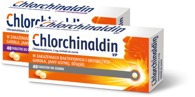 Chlorchinaldin with blackcurrant and VP flavor packshots 40 tablets - for use in bacterial and fungal infections of the throat, mouth and gums